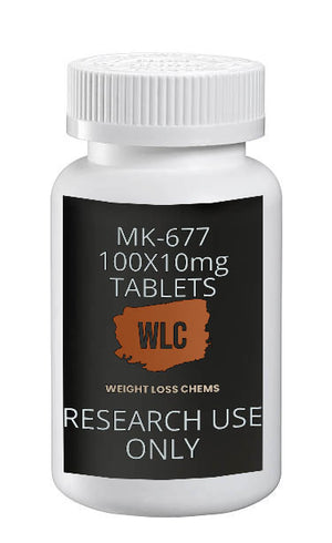 MK677 Ibutamoren 10mg Tablets: Bottle of 100 tablets for research use only.