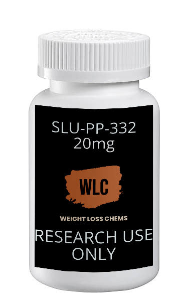 SLU-PP-332 20mg Supplement Bottle: Weight loss research supplement in a white bottle with black label.
